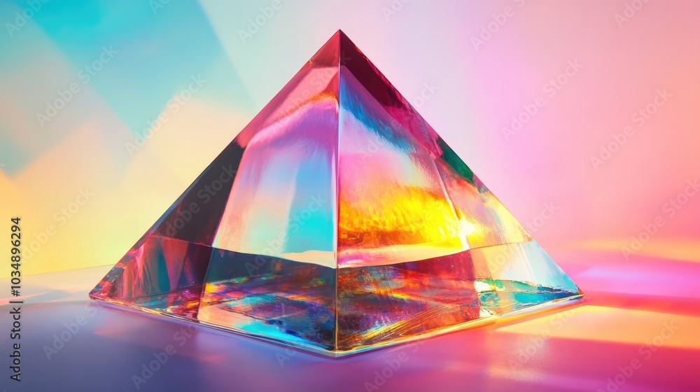 Poster a pyramid constructed from vibrant glass showcasing a three dimensional appearance with reflections 