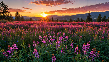 Lever de soleil sur un champ de fleurs sauvages