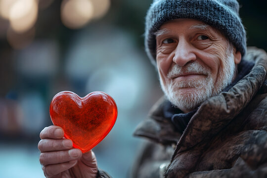 A senior man holding a heart icon as a concept for heart diseases awareness