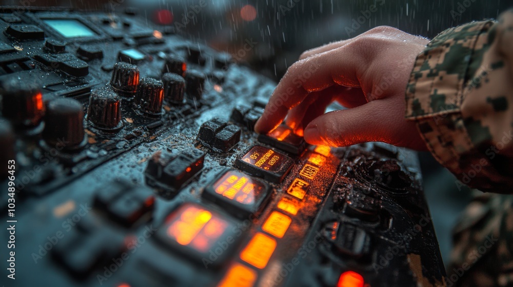 Poster A service member adjusts the illuminated controls of advanced equipment while rain falls, highlighting the challenges of operating under poor weather conditions.