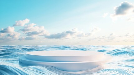 3D podium background featuring a minimal stand with a blue sky and wavy water Ideal for beauty and cosmetic product presentations this scene offers a summer landscape theme in 3D render