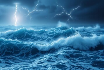 Stormy Ocean A hologram of a turbulent ocean with lightning and