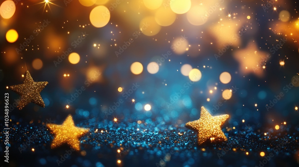 Aufkleber abstract blurred background featuring christmas lights star strings and glittering gold bokeh effect