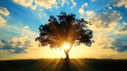 Silhouette of a tree illuminated by sun rays in the background High quality image