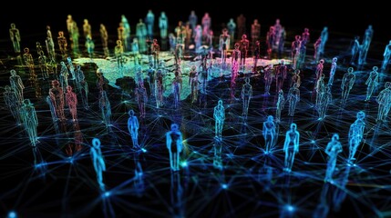 A holographic social network map showing interconnected people across the world, symbolizing global social connections in the digital age