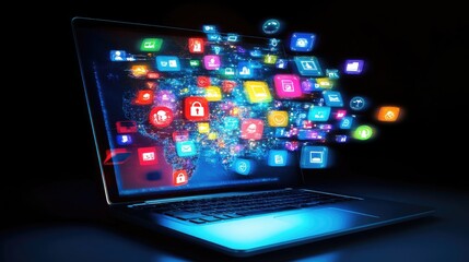 Fototapeta premium A laptop with digital icons emerging from the screen, symbolizing the power of technology in connecting people across the world