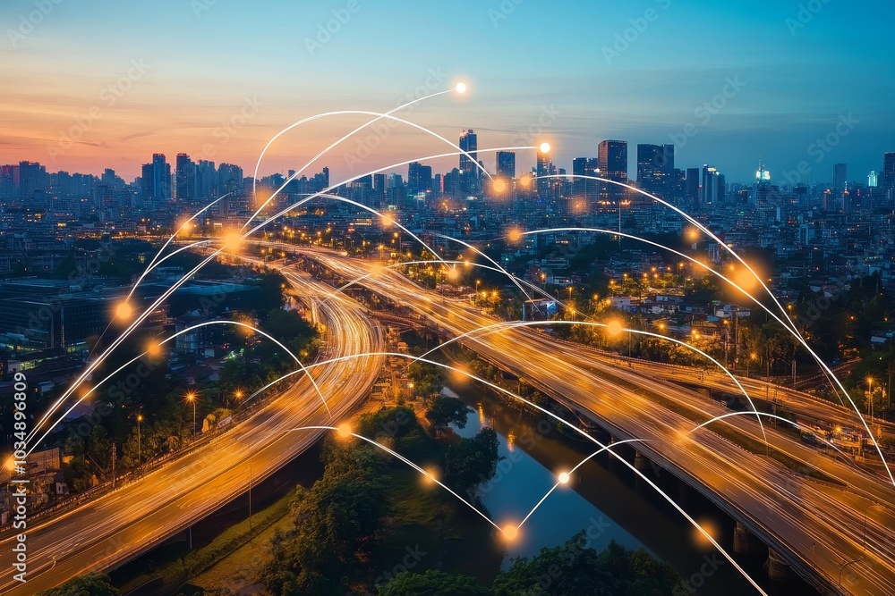 Poster a panoramic view of a city skyline at dusk with illuminated buildings and a network of connecting li