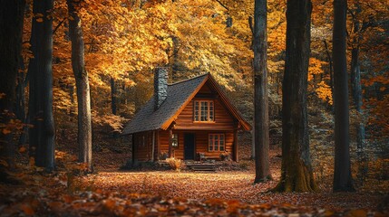 Cozy Cabin in an Autumn Forest Scene