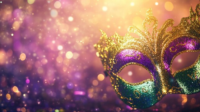 Glittering mask in gold purple and green on a luminous bokeh background Ideal for festive celebrations parties and themed events Perfect for carnival and Mardi Gras concepts