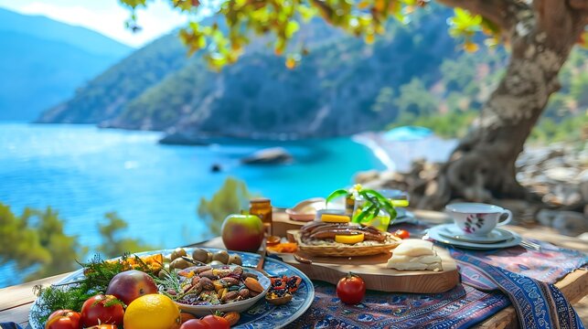 A feast by the seaside with shoreline fruits and herbs beneath the sky at an oludeniz picnic
