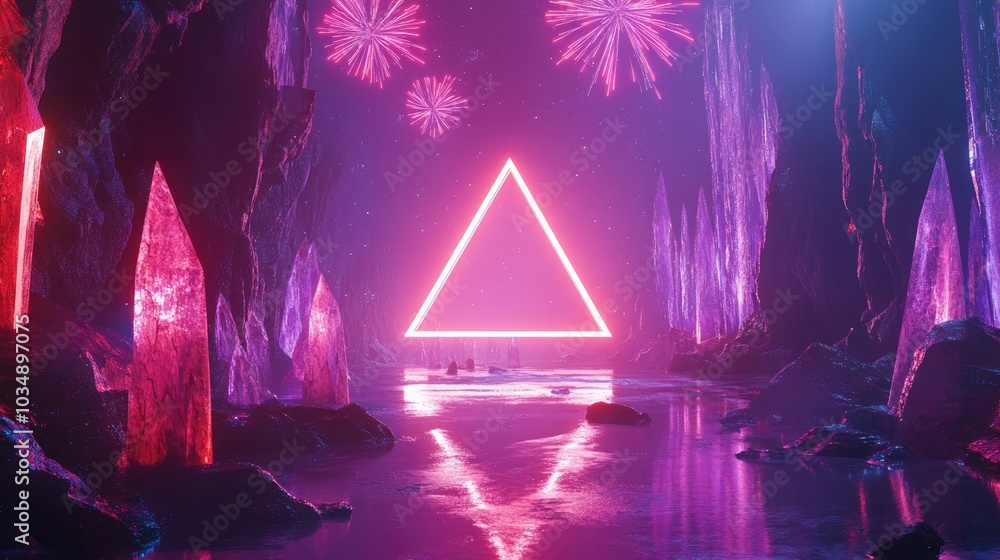 Poster 3d render of an abstract futuristic neon background featuring pink and red fireworks above crystal f