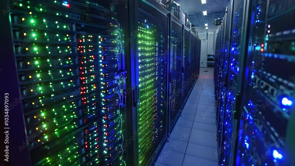 Poster a row of servers in a data center, buzzing with activity as they store and process vast amounts of d