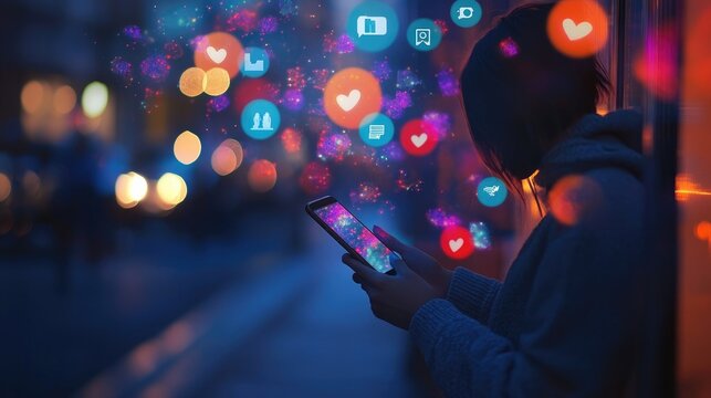 A person using a smartphone with multiple social media icons floating around, symbolizing the impact of technology on modern social life