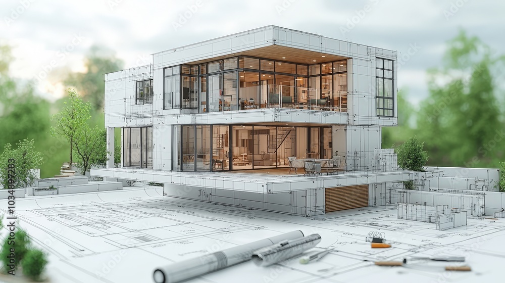 Poster a professional workspace featuring a blueprint of a modern design, with precision instruments and de