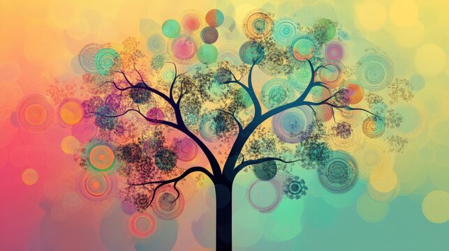 Abstract metallic decision tree design featuring retro digital motifs set against a gradient backdrop