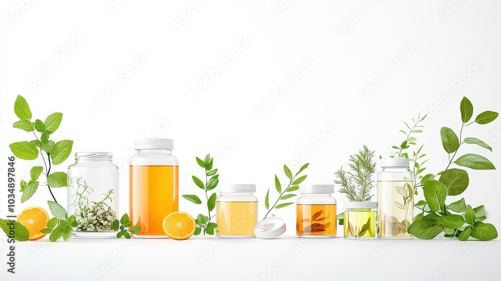 Poster a simple display of herbal remedies with small jars and herbs, reflecting the concept of home-based 
