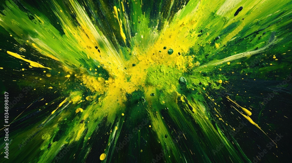 Poster dynamic explosion of green and yellow paint splashes creating vibrant backgrounds with a burst of co