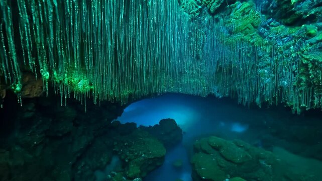 Fly-through high-speed video of bioluminescent glowworms in Waitomo Glowworm Caves, New Zealand, creating a starry effect reflected in still waters