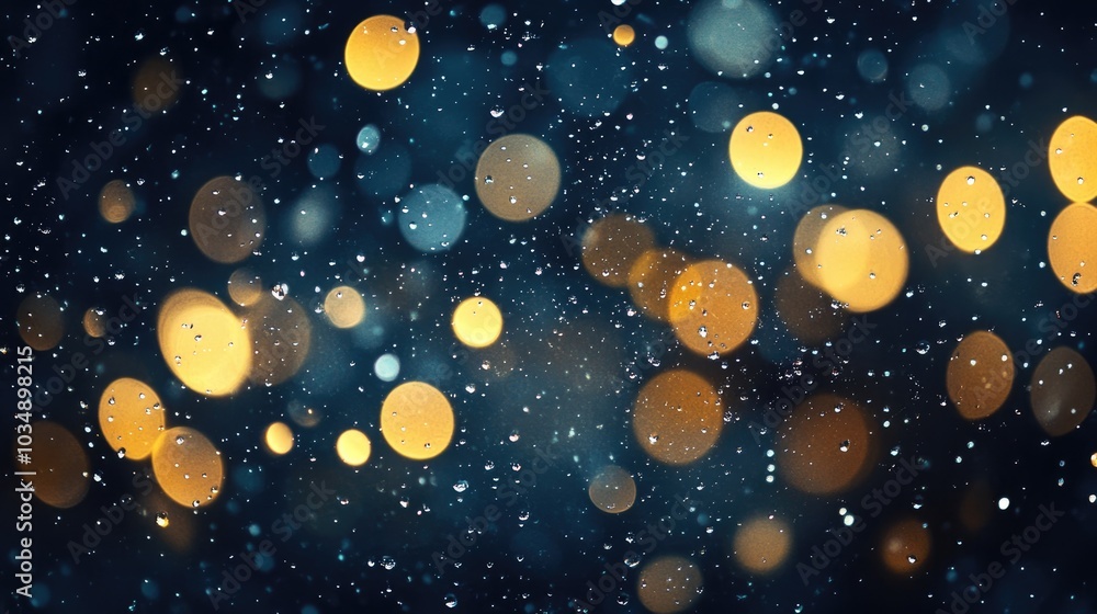 Poster mesmerizing bokeh with water droplets and shimmering lights against a dark background