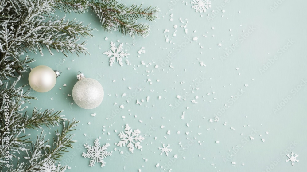 Poster Two white ornaments and several snowflakes are scattered on a light blue background. A branch of a fir tree with snow on it is on the left side of the frame.