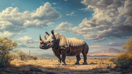 Fototapeta premium Portrait of a rhinoceros in a vast savannah landscape