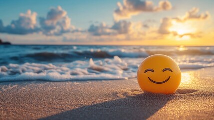 Obraz premium Smiley face ball on the beach at sunset 