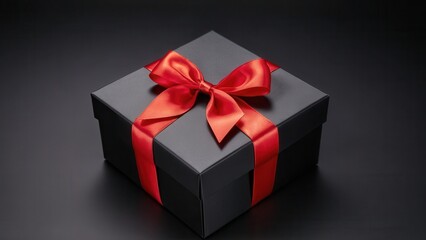 Obraz premium Minimalist Black Box with Red Ribbon. A stylish black gift box with a bright red ribbon on a dark background. Ideal for holiday, birthday, or luxury advertising materials