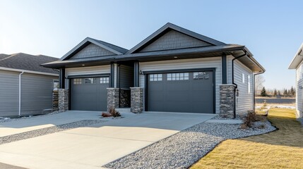 A charming new development with light gray siding, stone accents, and a single car garage, boasting modern design.