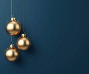 Three Golden Christmas Ornaments Hanging on a Blue Background.