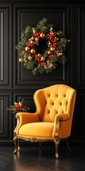 Elegant Gold Christmas Wreath and Armchair Interior Design.