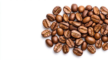 A photostock images of roasted coffee beans in a pile, isolated on white background, High Quality
