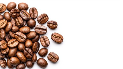Fototapeta premium A photostock images of roasted coffee beans scattered on a surface, isolated on white background, High Quality