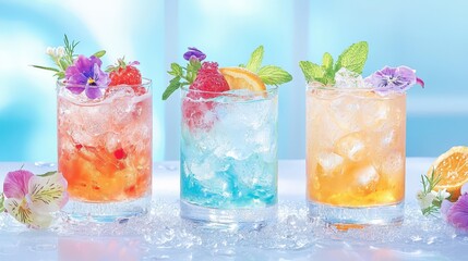 Elegant Cocktail Presentation: Close-up of elegantly garnished cocktails served in crystal glasses at a banquet, highlighting the vibrant colors and floral accents.