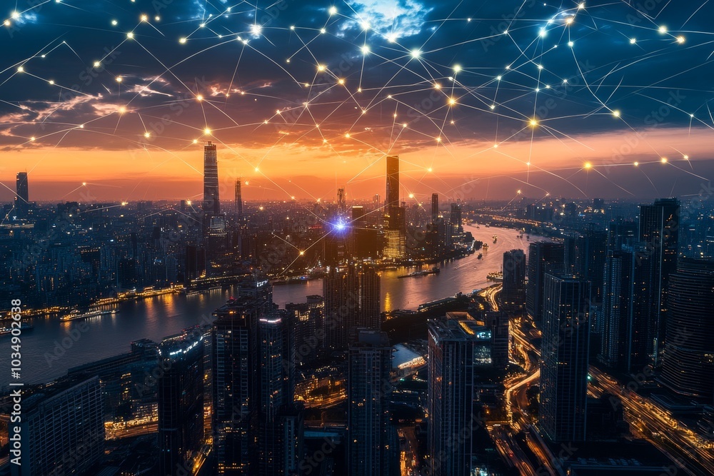 Poster a cityscape at sunset with glowing lines and dots representing a network or connection.