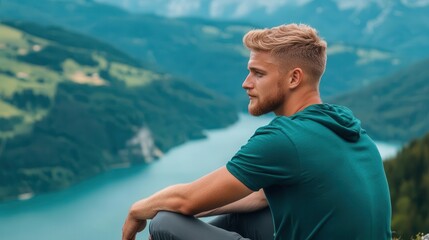 Fototapeta premium A young man sitting peacefully by a stunning lake, surrounded by lush mountains, enjoying nature's beauty and tranquility.