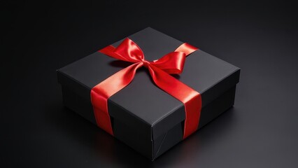 Obraz premium Luxury Gift Box with Red Satin Ribbon. A matte black gift box tied with a red satin ribbon. Clean and elegant, perfect for holiday promotions, greeting cards, and marketing visuals