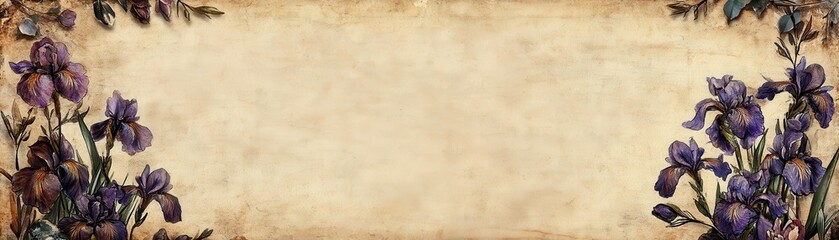 Obraz premium Vintage Floral Background with Purple Irises on Aged Paper for Elegant Invitations and Artistic Designs