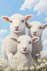 Fototapeta premium Three Adorable Lambs in a Field of Daisies