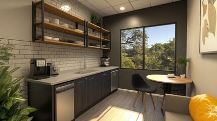 A sleek, modern kitchenette and coffee bar in a high-tech startup office, designed for functionality and convenience with minimalist style.