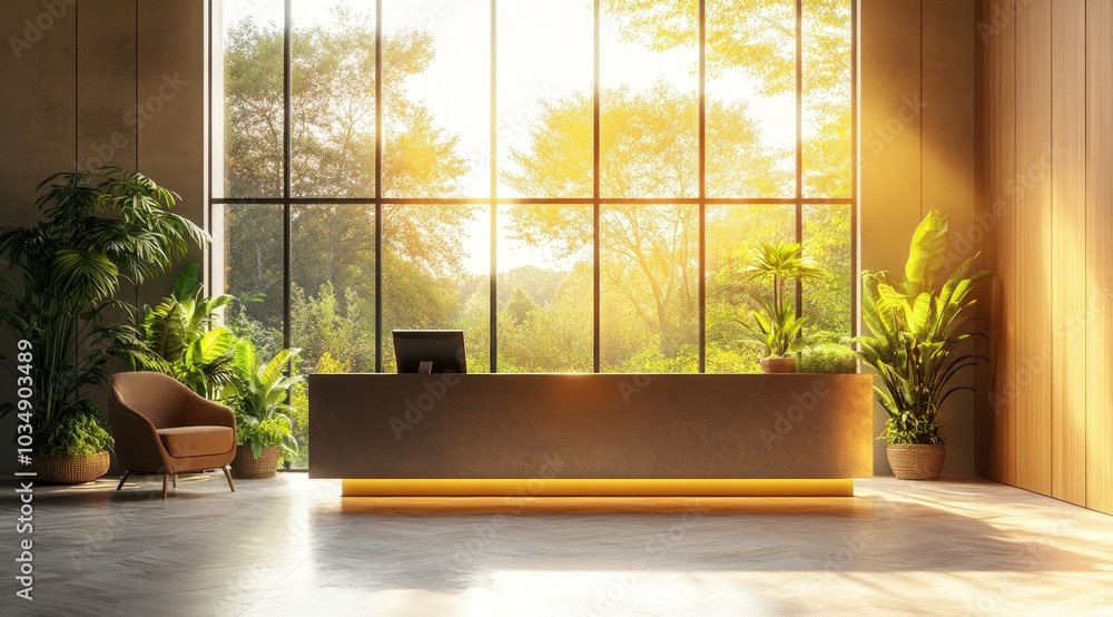 Poster Modern office reception area with large windows overlooking a lush green forest.