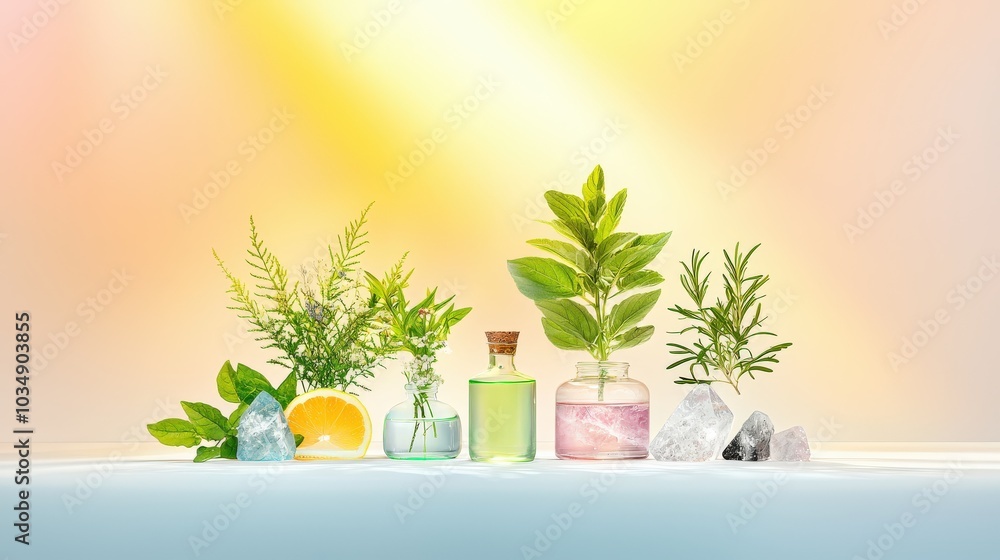 Poster minimalist setup with a soft light focused on herbs and crystals, representing holistic healing in a