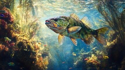 Obraz premium A vibrant largemouth bass swimming in clear freshwater, showcasing its colorful scales and dynamic movement.