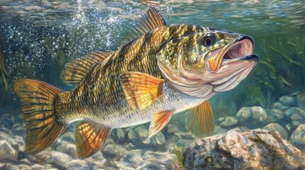 Fototapeta premium A vibrant largemouth bass swimming in clear freshwater, showcasing its colorful scales and dynamic movement.