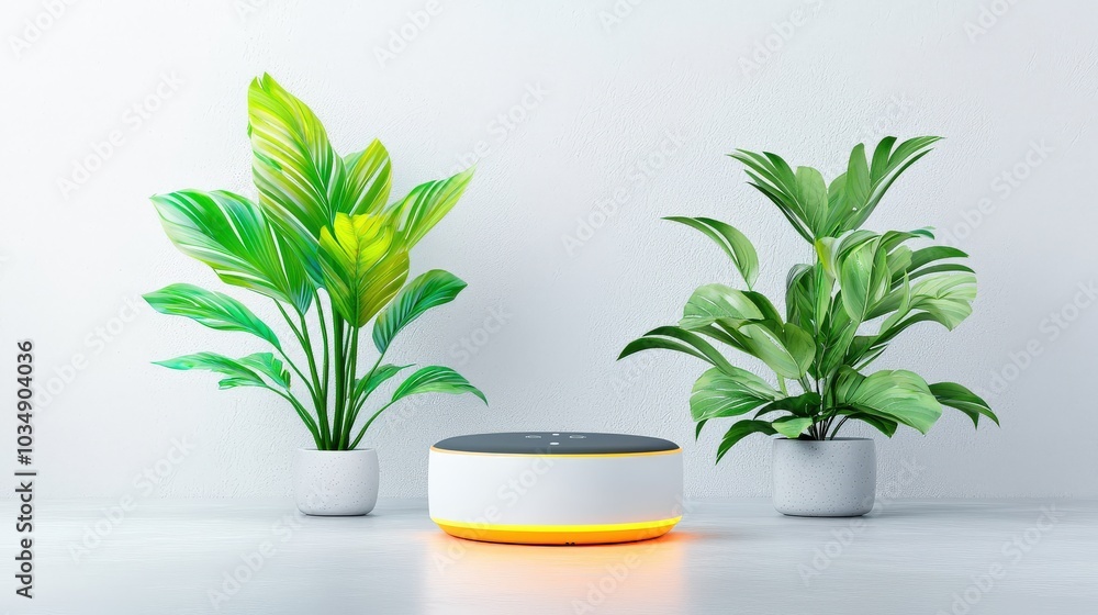 Poster modern smart home hub softly illuminated on a sleek gray surface, representing the integration of te