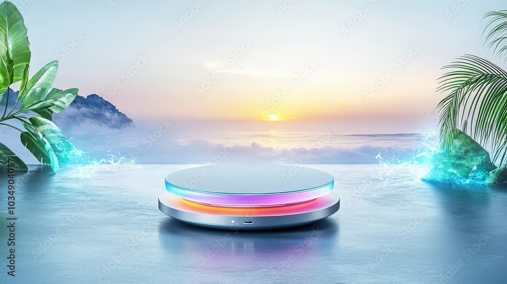 Poster modern smart home hub softly illuminated on a sleek gray surface, representing the integration of te