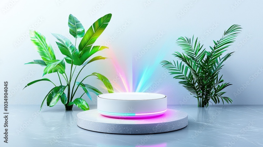 Poster modern smart home hub softly illuminated on a sleek gray surface, representing the integration of te