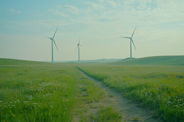 Obraz premium Wind Turbines in Lush Green Landscape