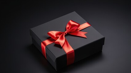 Luxury Gift Box with Red Satin Ribbon. A matte black gift box tied with a red satin ribbon. Clean and elegant, perfect for holiday promotions, greeting cards, and marketing visuals