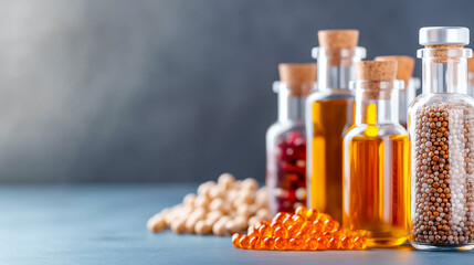 A variety of bottles filled with oils and spices sit on a table. The colors and textures create an inviting atmosphere, perfect for cooking enthusiasts and food lovers alike