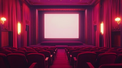 Fototapeta premium Empty vintage movie theater with red velvet seats and a large screen.